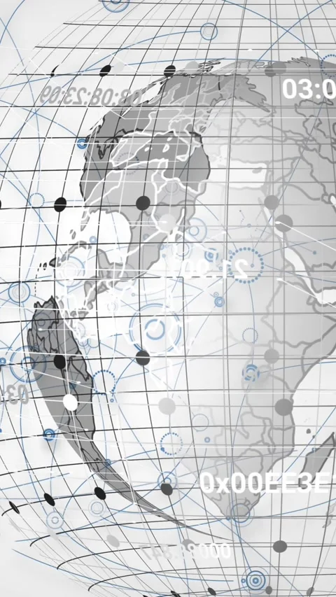 Animation of grid pattern around globe over connected circles against white Stock Footage 344284310