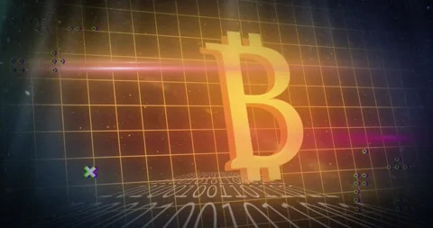 Animation of grid pattern, binary codes and bitcoin illuminated symbol over Stock Footage 257068031
