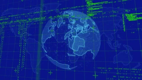 Animation of grid pattern, computer language and rotating globe over blue Stock Footage 257071356