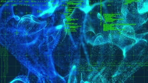 Animation of grid pattern, computer language over illuminated abstract pattern Stock Footage 327714693