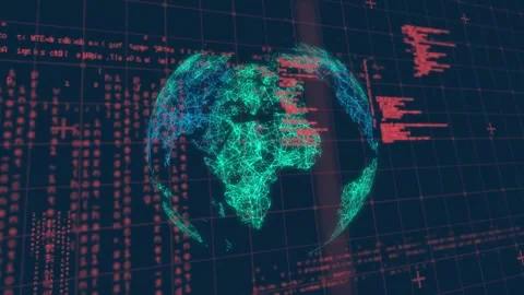 Animation of grid pattern, computer language over illuminated globe on black Stock Footage 327782189