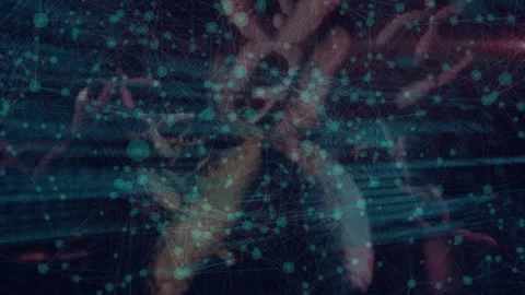 Animation of grid pattern with connected dots, dna helix and programming codes Stock Footage 205609492