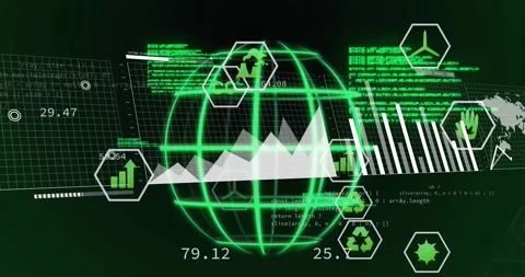 Animation of grid pattern globe, graphs, icons, computer language over abstract Stock Footage 247967129
