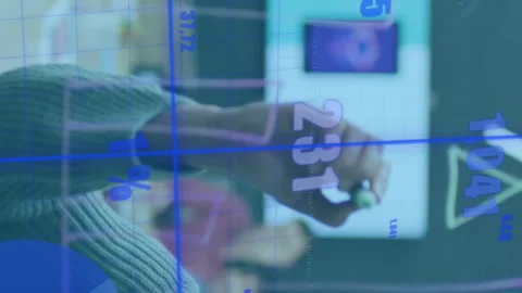 Animation of grid pattern with graphs and numbers over businesswoman writing on Video stock 313394822