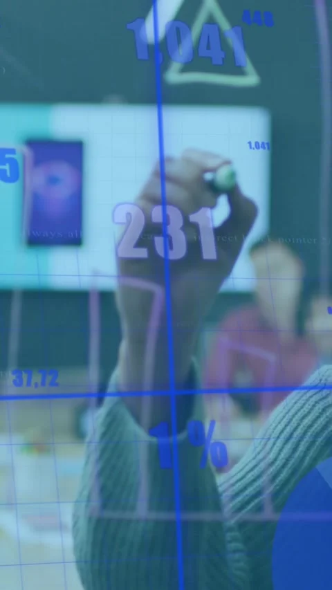 Animation of grid pattern with graphs and numbers over businesswoman writing on Video stock 320983709