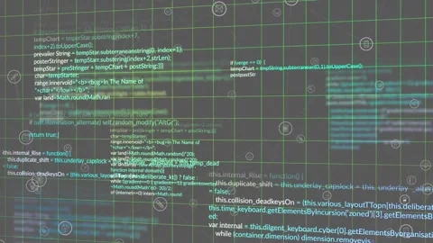 Animation of grid pattern, icons and multicolored computer language over black Stock Footage 247919764