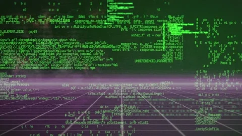 Animation of grid pattern with illuminated line against galaxy and programming Video stock 220891970