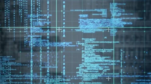 Animation of grid pattern over blue computer programming language against black Stock Footage 229213819