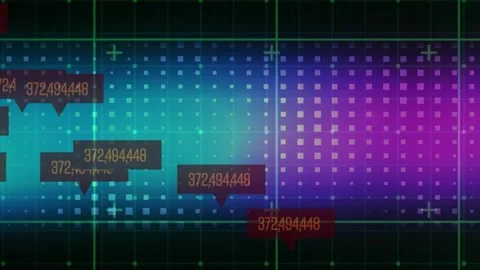 Animation of grid pattern over changing numbers in speech bubbles against Stock Footage 245327420