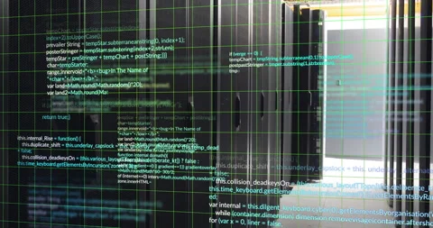 Animation of grid pattern over computer language against server room in Stock Footage 310978249