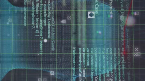 Animation of grid pattern over computer language and human digital face against Stock Footage 312548410