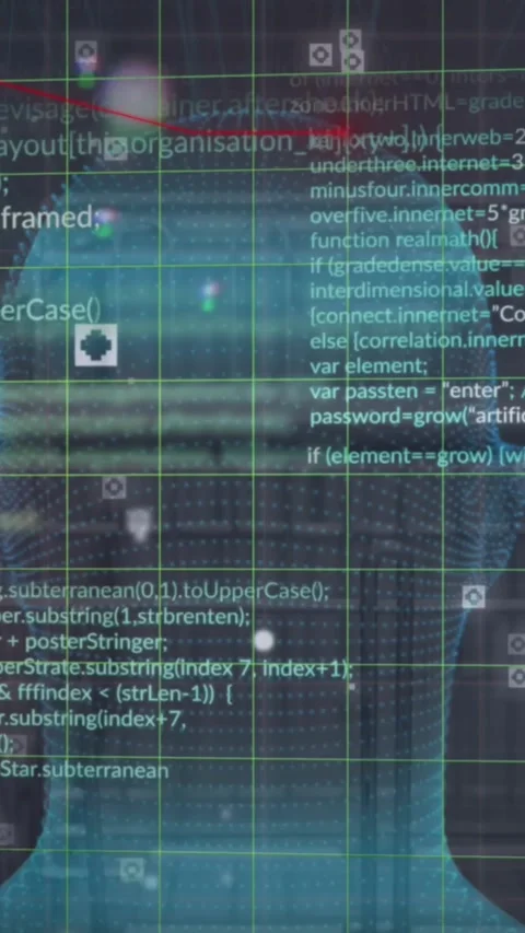 Animation of grid pattern over computer language and human digital face against Stock Footage 321580495