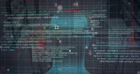 Animation of grid pattern over computer language and human digital face against Stock Footage 326628945