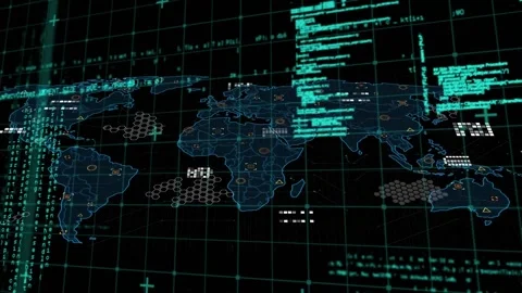 Animation of grid pattern over computer language and map against black Stock Footage 329569059
