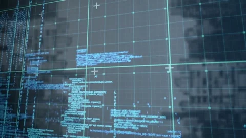 Animation of grid pattern over computer language against buildings in background Stock Footage 330179206