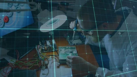 Animation of grid pattern over high angle view of caucasian male engineer Stock Footage 328718604