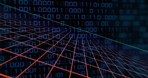 Animation of grid pattern over looping binary codes against black background Stock Footage 247260555