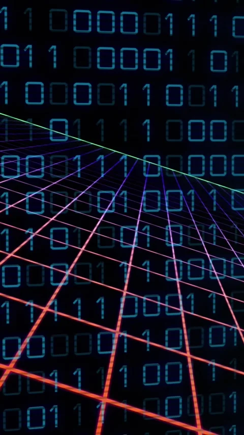 Animation of grid pattern over looping binary codes against black background Stock Footage 343920579