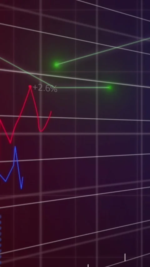 Animation of grid pattern over moving lines and multiple graphs with numbers on Stock Footage 321580500