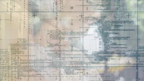 Animation of grid pattern over programming language against senior caucasian Stock Footage 229205641