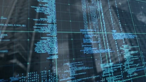 Animation of grid pattern over programming language against low angle view of Video stock 229213831