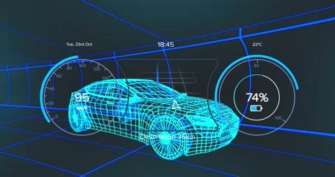 Animation of grid patterned car with speedometer and numbers in circles over Video stock 234955071