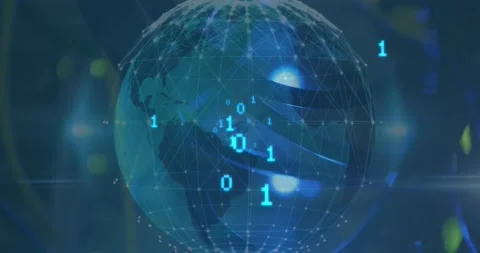 Animation of grid patterned globe with binary codes against abstract background Stock Footage 202899592