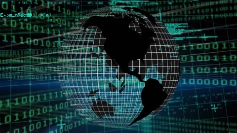 Animation of grid patterned globe over computer language and binary codes on Stock Footage 233052095