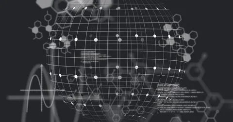 Animation of grid patterned globe over computer language, molecule structures on Stock Footage 329924310