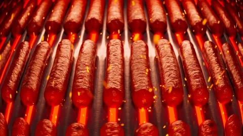 Animation of grilling sausages. Roasted rotating sausages on the grill. Barbeque Vidéo 201203065