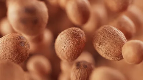 Animation of a group of coconuts. Defocus. Close-up. Stock Footage 310793466