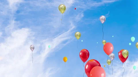 Animation of a group of multi-colored inflatable balloons against the blue sky. Stockbeeldmateriaal 141947652
