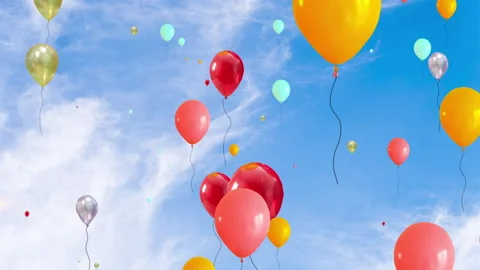 Animation of a group of multi-colored inflatable balloons against the blue sky. Vidéo 141947772