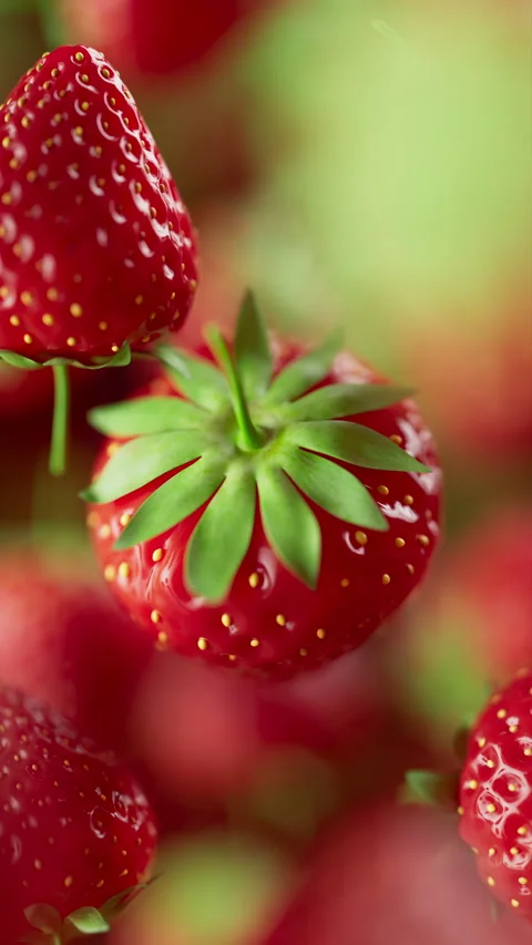 Animation of a group of strawberry. Defocus. Close-up. Video stock 312578048