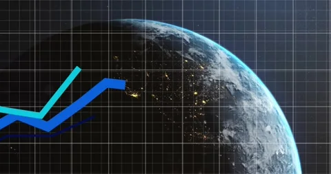 Animation of growing graphs, grid pattern over globe against sun in space Stock Footage 327644989