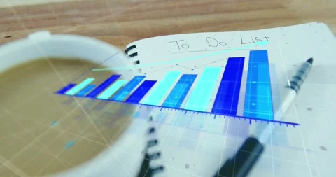 Animation of growing graphs over coffee and pen on to do list in notepad on Stock Footage 327127771
