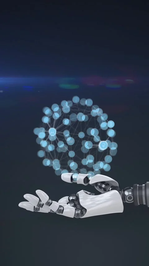 Animation of growing network of icons over hand of robot arm, with blue light on Stock Footage 344614302