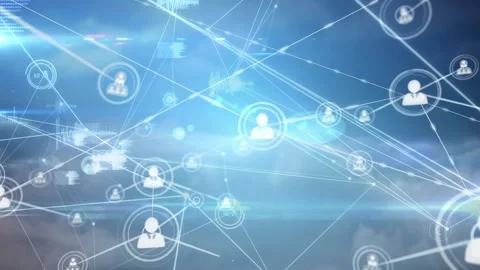 Animation of growing network of people icons transferring data on glowing blue Stock Footage