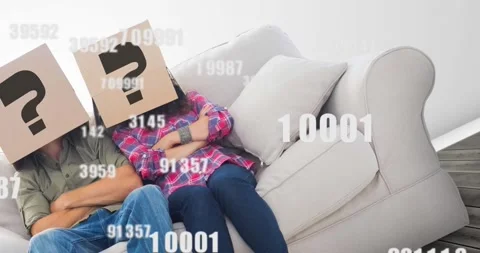 Animation of growing numbers and question marks over caucasian couple sitting on Vídeo Stock 168451374