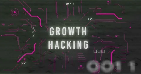 Animation of growth hacking text and data processing over computer motherboard Stock Footage 326186007