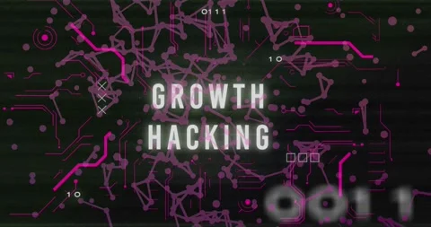 Animation of growth hacking text and data processing over computer motherboard Stock Footage 330296830