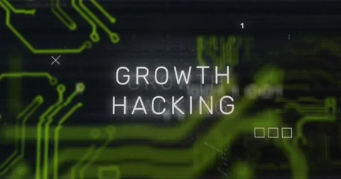 Animation of growth hacking text banner over data processing and microprocessor Video stock 254575740