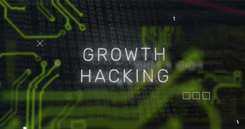 Animation of growth hacking text banner over microprocessor connections and Vídeo Stock 255104974
