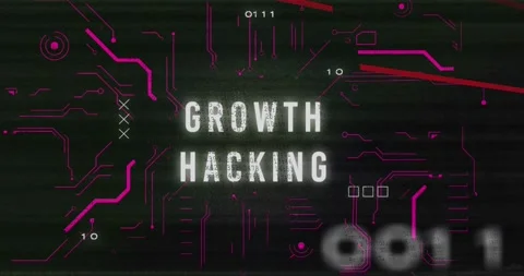 Animation of growth hacking text banner over microprocessor connections and Stock Footage 255104980