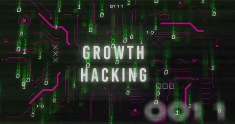 Animation of growth hacking text with binary codes and circuit board pattern Stock Footage 249324255