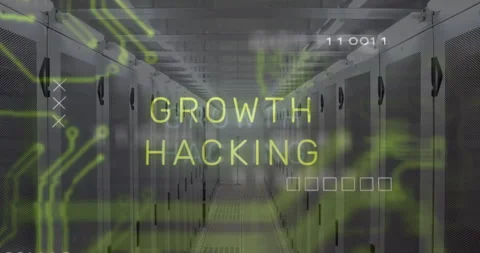 Animation of growth hacking text over data processing and server room Stock Footage 308987115