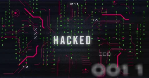 Animation of hacked text and binary coding data processing over circuit board Stock Footage 235075958