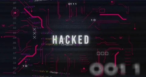 Animation of hacked text banner, microprocessor connections and data processing Video stock 240176707