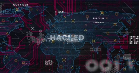 Animation of hacked text banner over world map and microprocessor connections on Stockbeeldmateriaal 239485163
