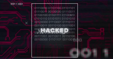 Animation of hacked text with binary codes and circuit board pattern over black Stock Footage 249324334